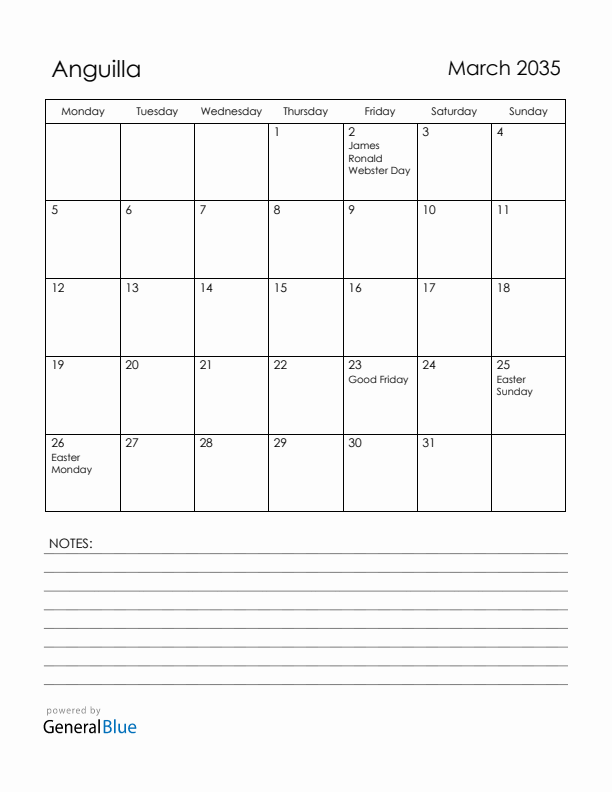 March 2035 Anguilla Calendar with Holidays (Monday Start)