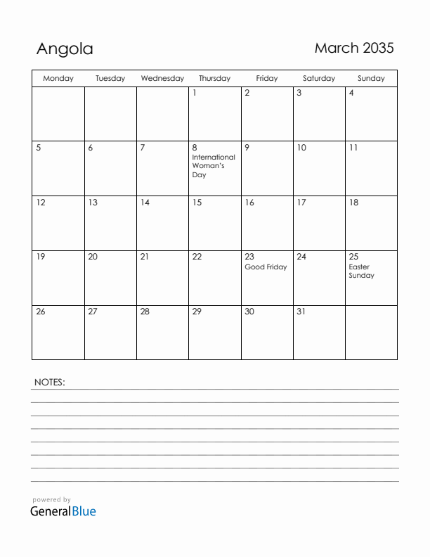 March 2035 Angola Calendar with Holidays (Monday Start)