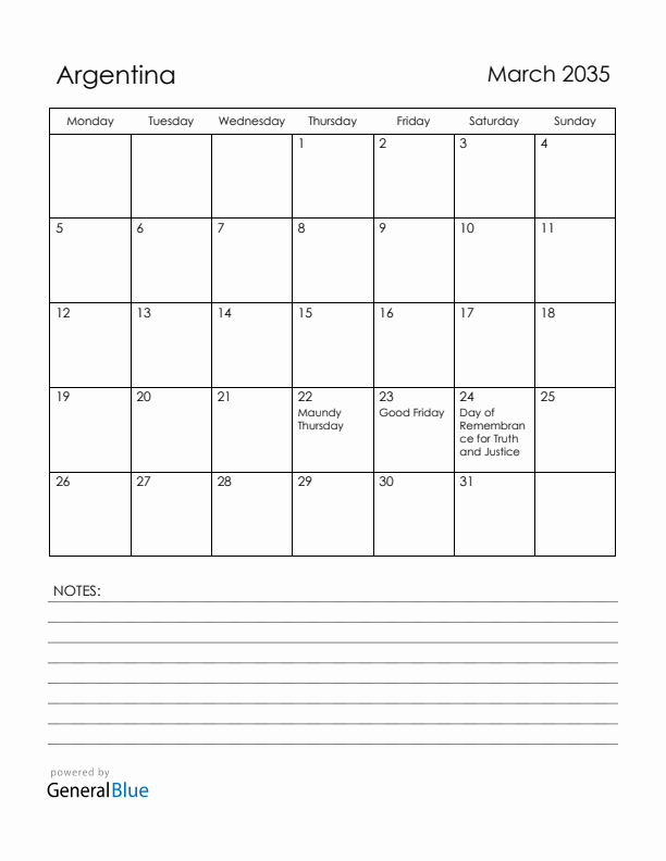 March 2035 Argentina Calendar with Holidays (Monday Start)