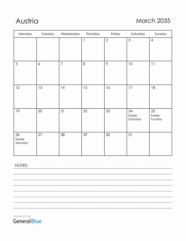 March 2035 Austria Calendar with Holidays (Monday Start)
