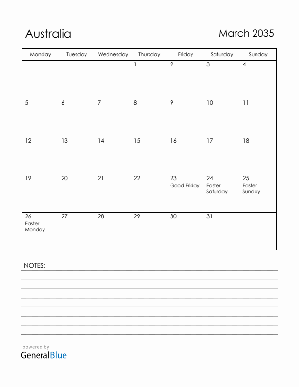 March 2035 Australia Calendar with Holidays (Monday Start)