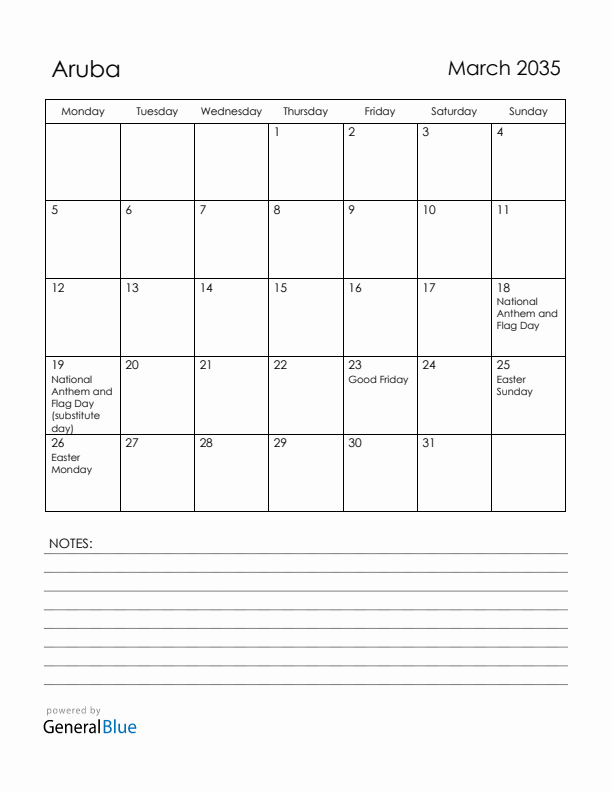 March 2035 Aruba Calendar with Holidays (Monday Start)