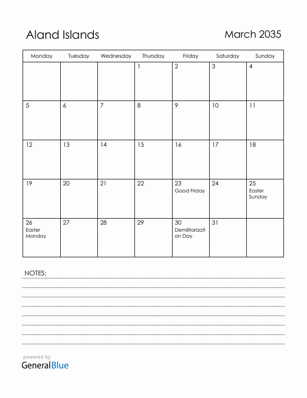 March 2035 Aland Islands Calendar with Holidays (Monday Start)