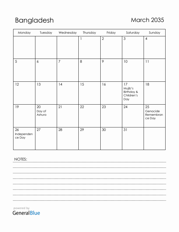 March 2035 Bangladesh Calendar with Holidays (Monday Start)