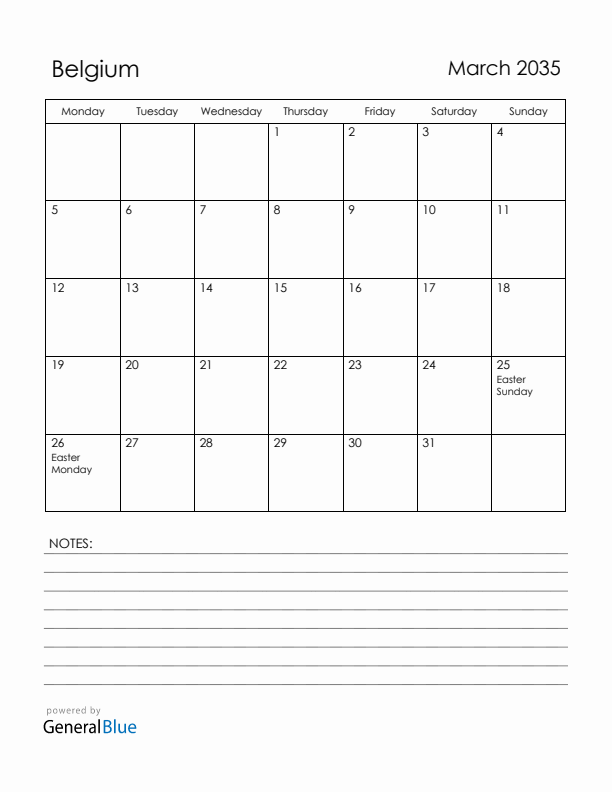 March 2035 Belgium Calendar with Holidays (Monday Start)