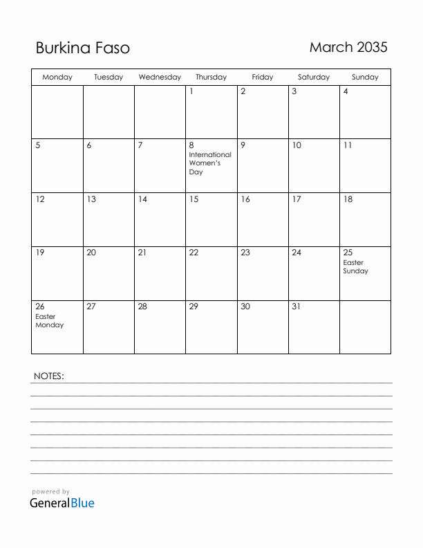 March 2035 Burkina Faso Calendar with Holidays (Monday Start)