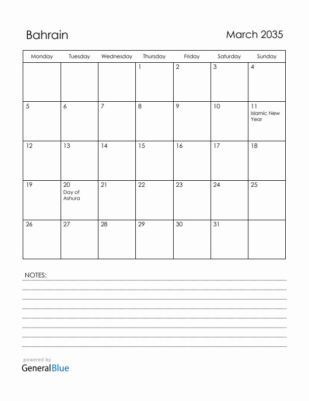 March 2035 Bahrain Calendar with Holidays (Monday Start)