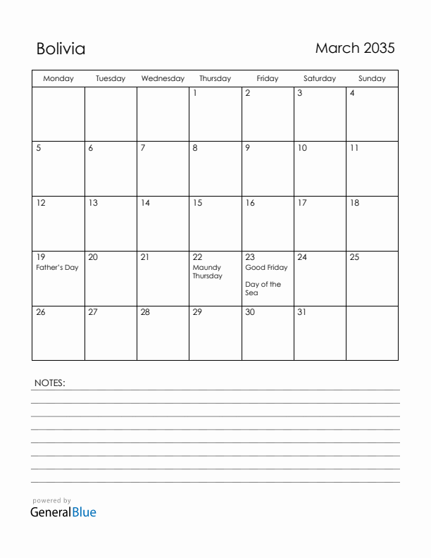 March 2035 Bolivia Calendar with Holidays (Monday Start)