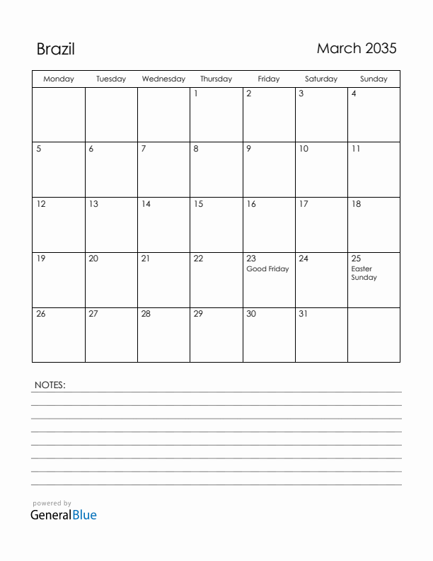 March 2035 Brazil Calendar with Holidays (Monday Start)