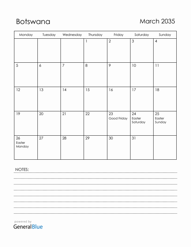 March 2035 Botswana Calendar with Holidays (Monday Start)