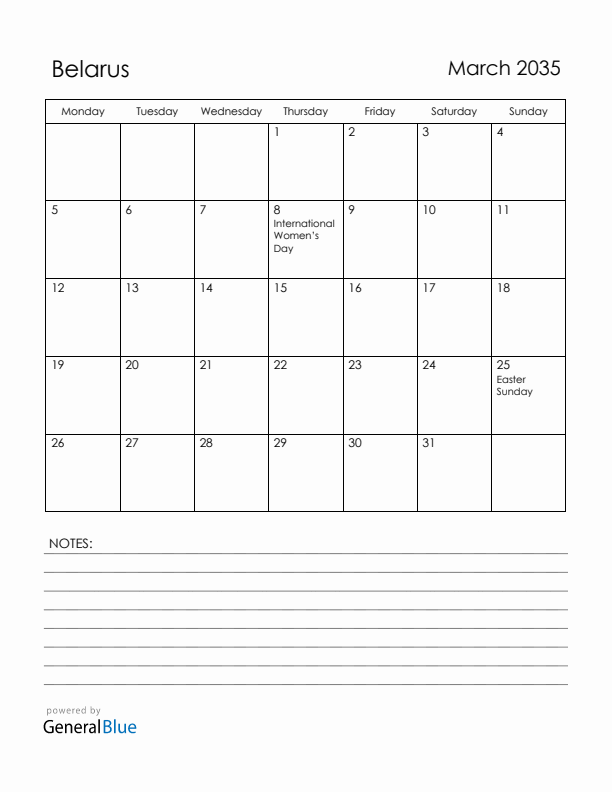 March 2035 Belarus Calendar with Holidays (Monday Start)