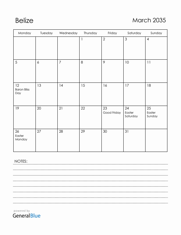 March 2035 Belize Calendar with Holidays (Monday Start)