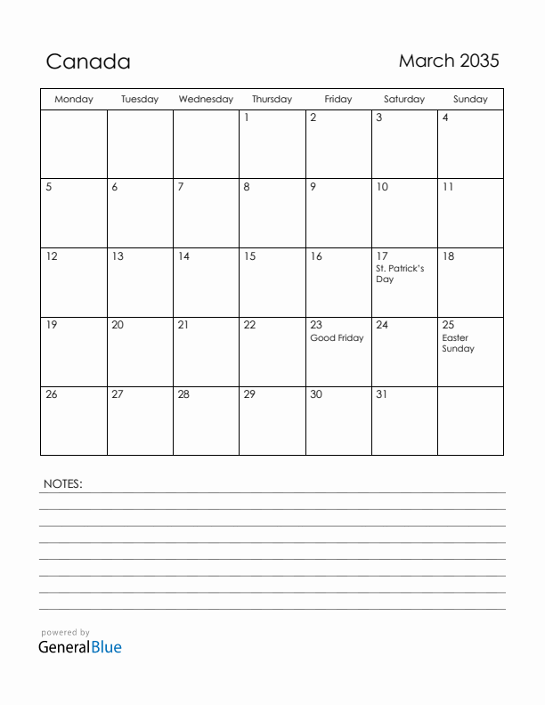March 2035 Canada Calendar with Holidays (Monday Start)