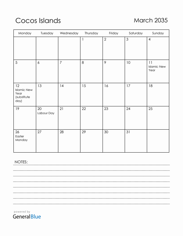 March 2035 Cocos Islands Calendar with Holidays (Monday Start)
