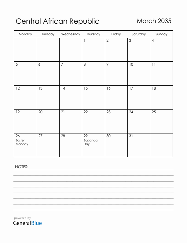 March 2035 Central African Republic Calendar with Holidays (Monday Start)