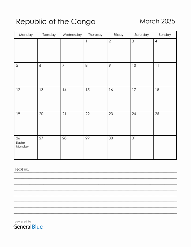 March 2035 Republic of the Congo Calendar with Holidays (Monday Start)