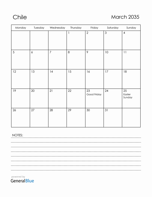 March 2035 Chile Calendar with Holidays (Monday Start)