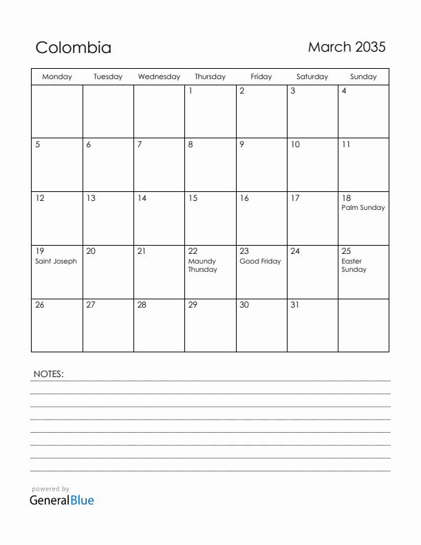 March 2035 Colombia Calendar with Holidays (Monday Start)