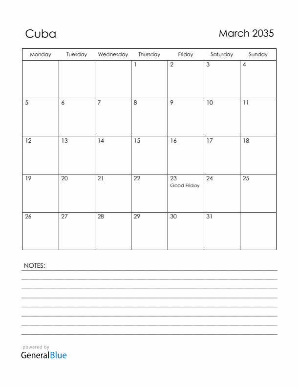 March 2035 Cuba Calendar with Holidays (Monday Start)