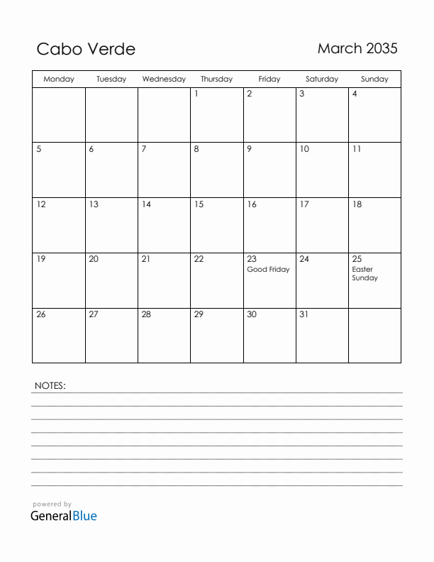 March 2035 Cabo Verde Calendar with Holidays (Monday Start)