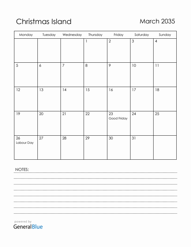 March 2035 Christmas Island Calendar with Holidays (Monday Start)