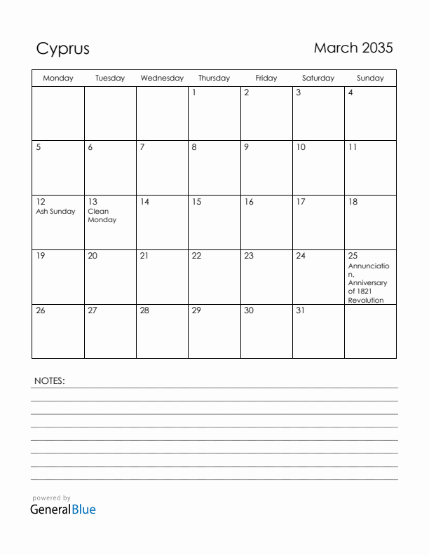 March 2035 Cyprus Calendar with Holidays (Monday Start)