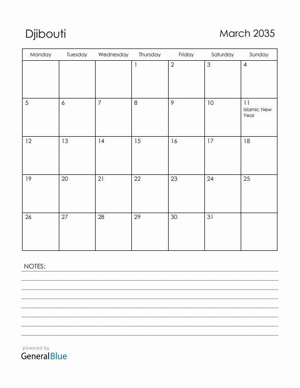 March 2035 Djibouti Calendar with Holidays (Monday Start)