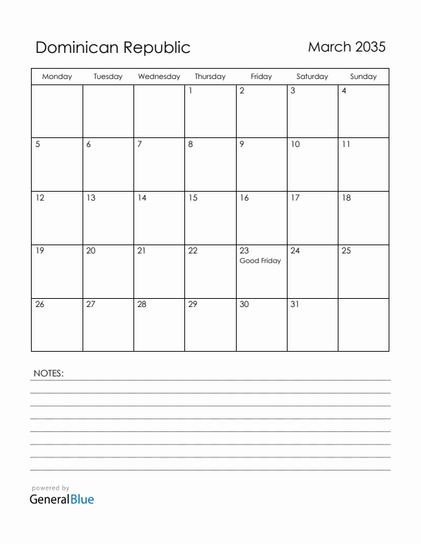 March 2035 Dominican Republic Calendar with Holidays (Monday Start)