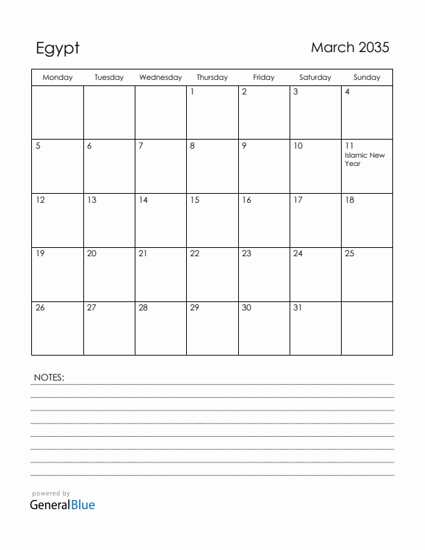 March 2035 Egypt Calendar with Holidays (Monday Start)