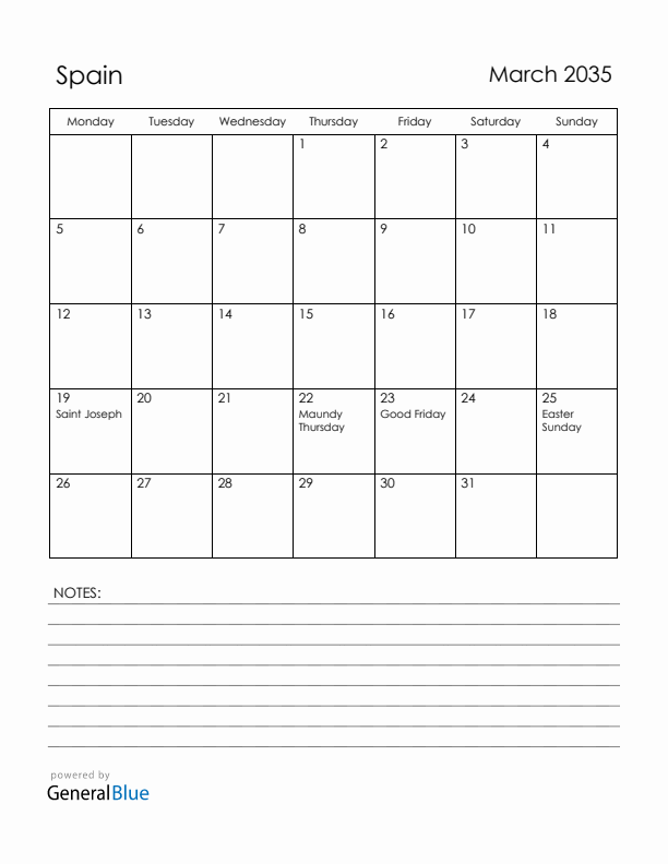 March 2035 Spain Calendar with Holidays (Monday Start)