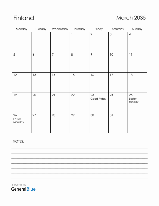 March 2035 Finland Calendar with Holidays (Monday Start)