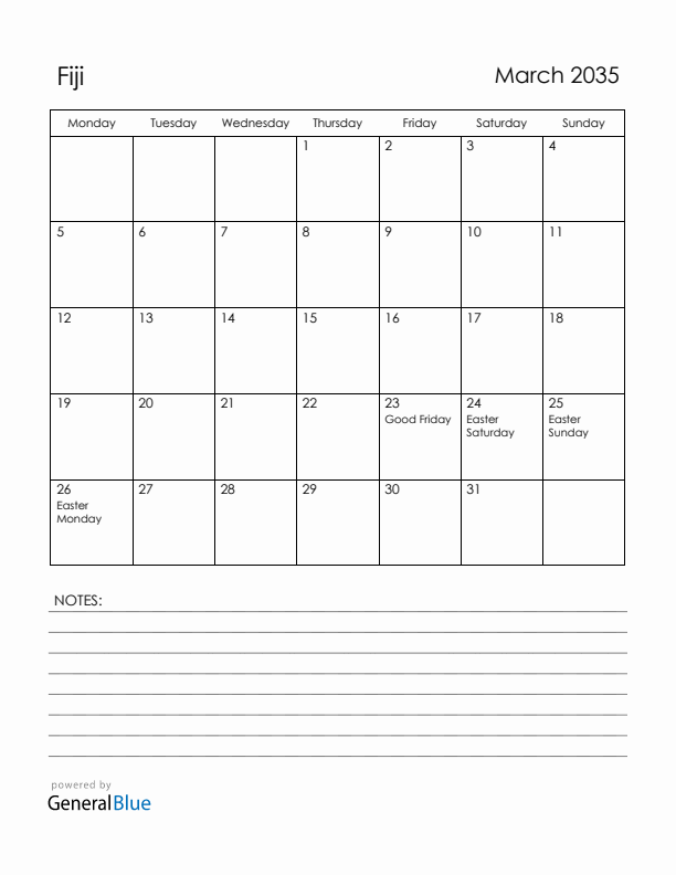 March 2035 Fiji Calendar with Holidays (Monday Start)