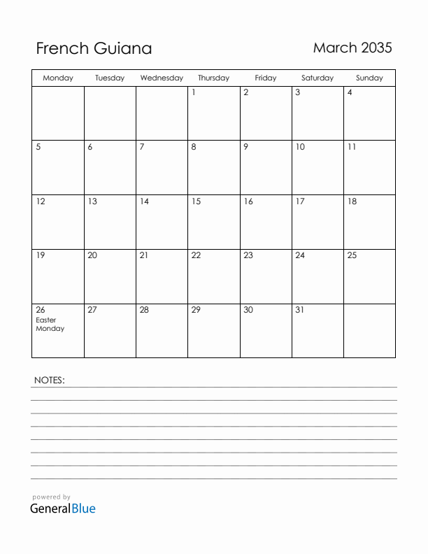 March 2035 French Guiana Calendar with Holidays (Monday Start)