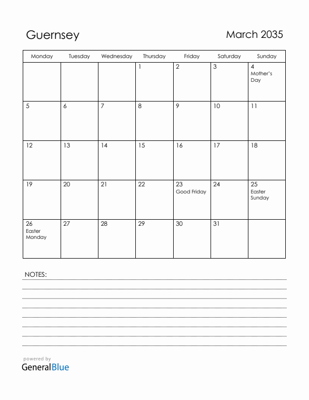 March 2035 Guernsey Calendar with Holidays (Monday Start)