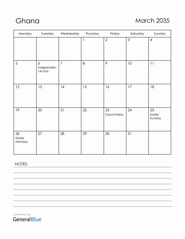 March 2035 Ghana Calendar with Holidays (Monday Start)