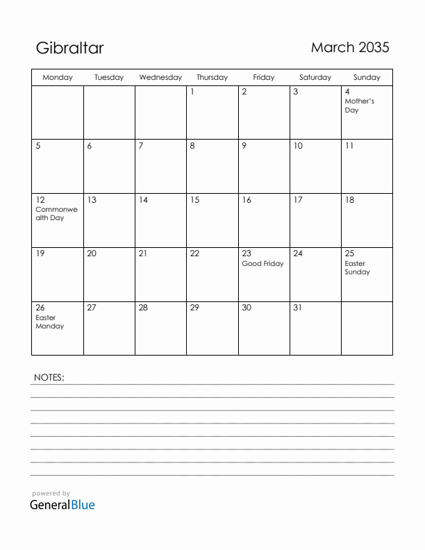 March 2035 Gibraltar Calendar with Holidays (Monday Start)