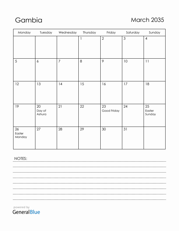 March 2035 Gambia Calendar with Holidays (Monday Start)
