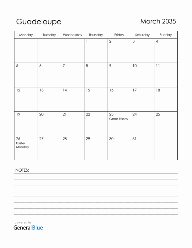 March 2035 Guadeloupe Calendar with Holidays (Monday Start)