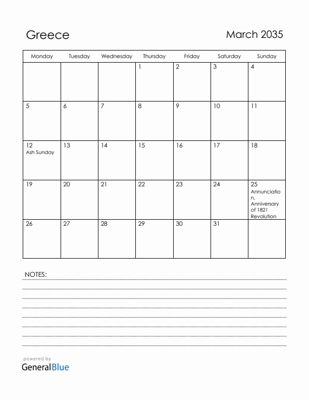 March 2035 Greece Calendar with Holidays (Monday Start)