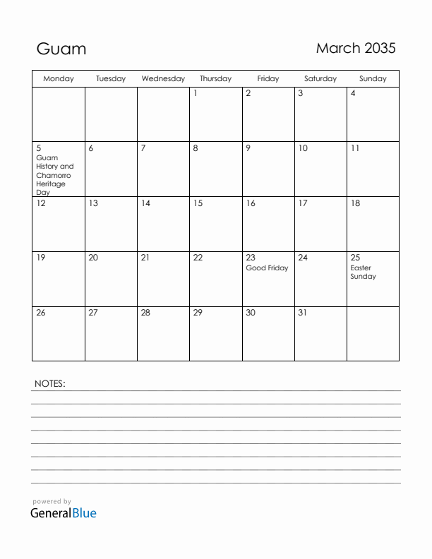 March 2035 Guam Calendar with Holidays (Monday Start)