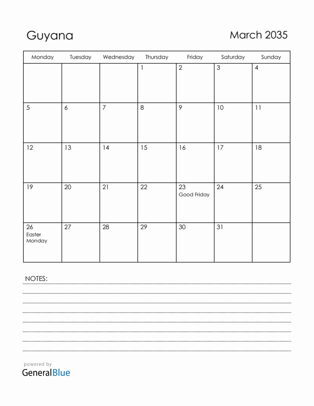 March 2035 Guyana Calendar with Holidays (Monday Start)