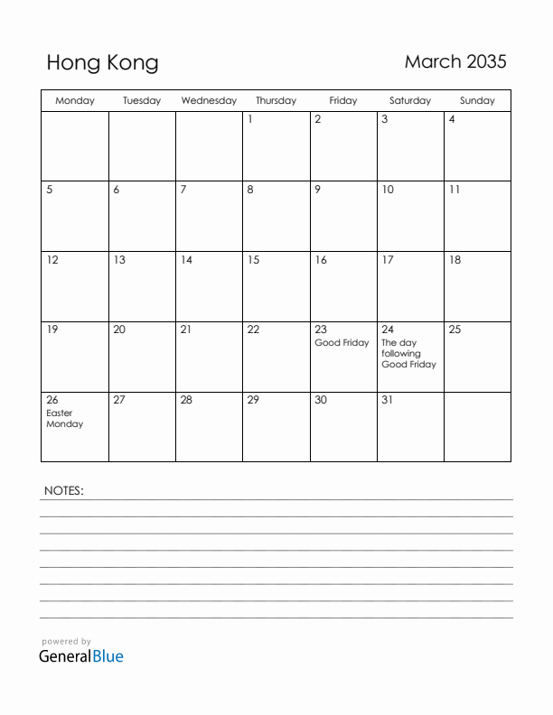 March 2035 Hong Kong Calendar with Holidays (Monday Start)