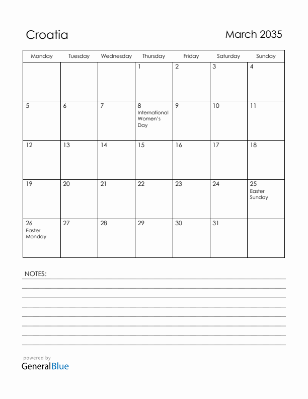 March 2035 Croatia Calendar with Holidays (Monday Start)