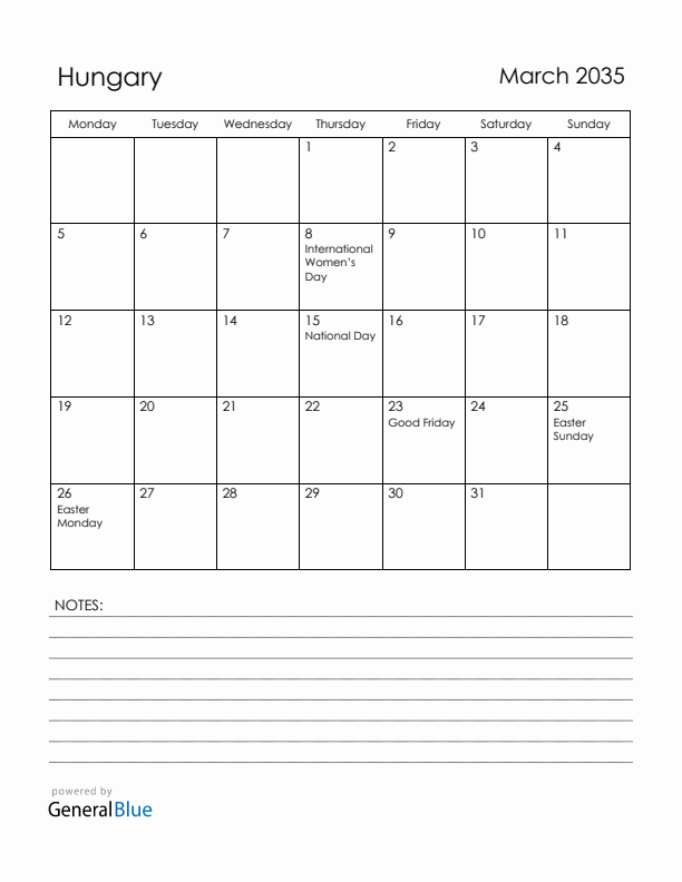 March 2035 Hungary Calendar with Holidays (Monday Start)
