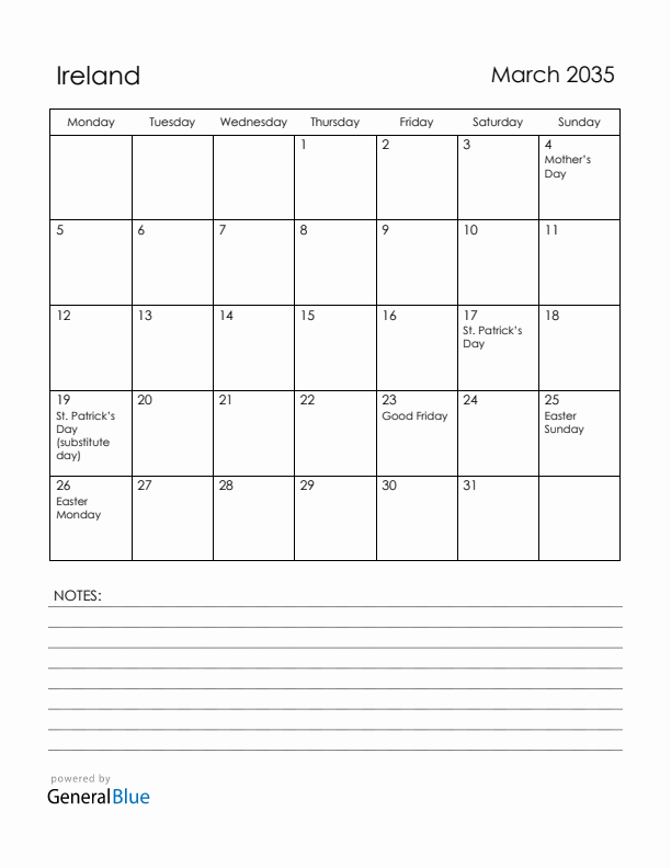 March 2035 Ireland Calendar with Holidays (Monday Start)