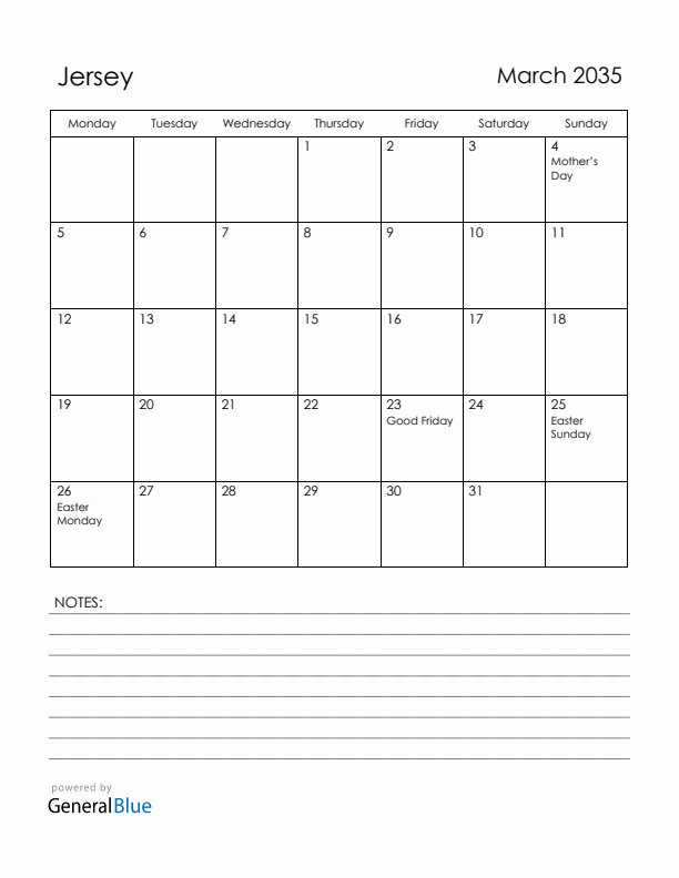 March 2035 Jersey Calendar with Holidays (Monday Start)