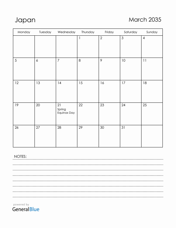 March 2035 Japan Calendar with Holidays (Monday Start)