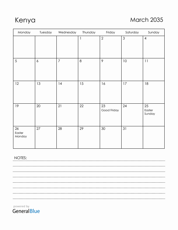 March 2035 Kenya Calendar with Holidays (Monday Start)