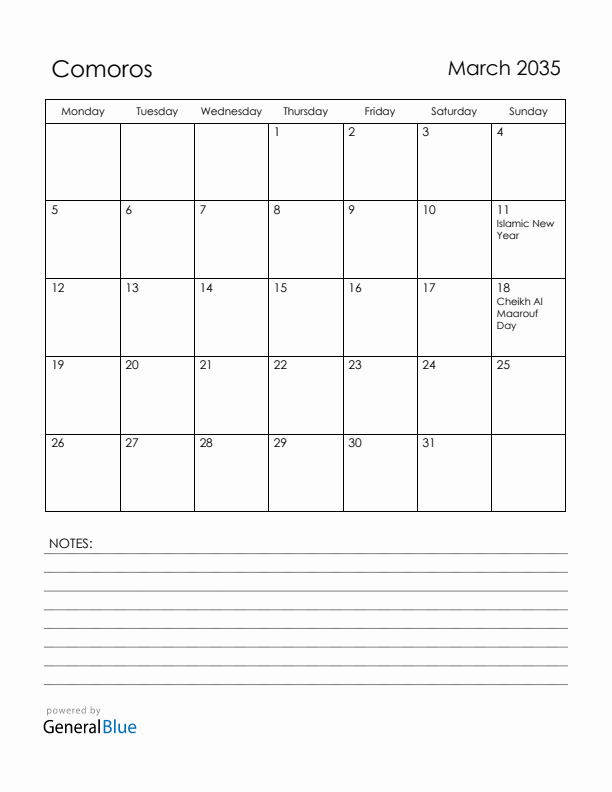 March 2035 Comoros Calendar with Holidays (Monday Start)