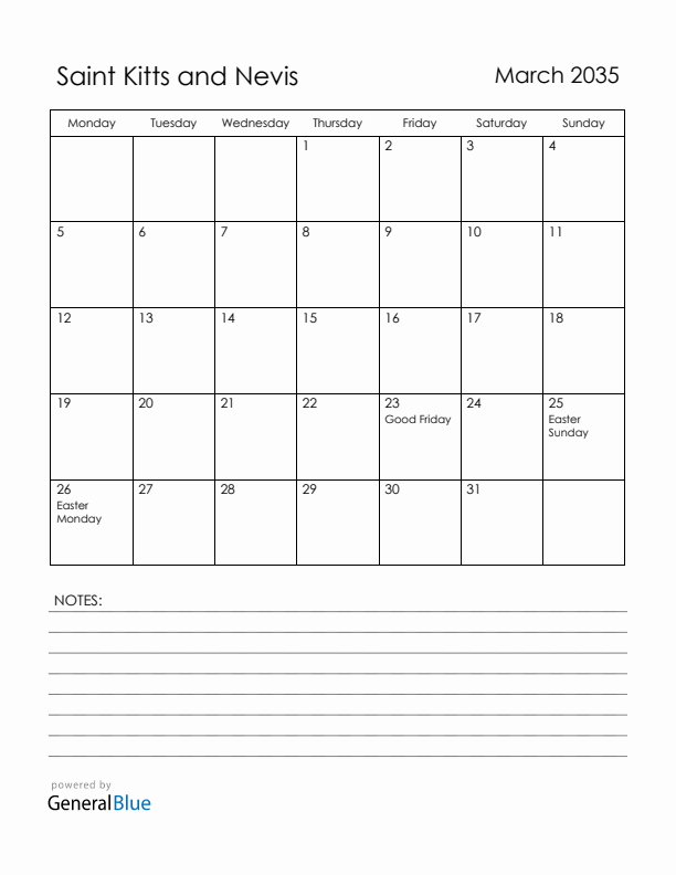 March 2035 Saint Kitts and Nevis Calendar with Holidays (Monday Start)